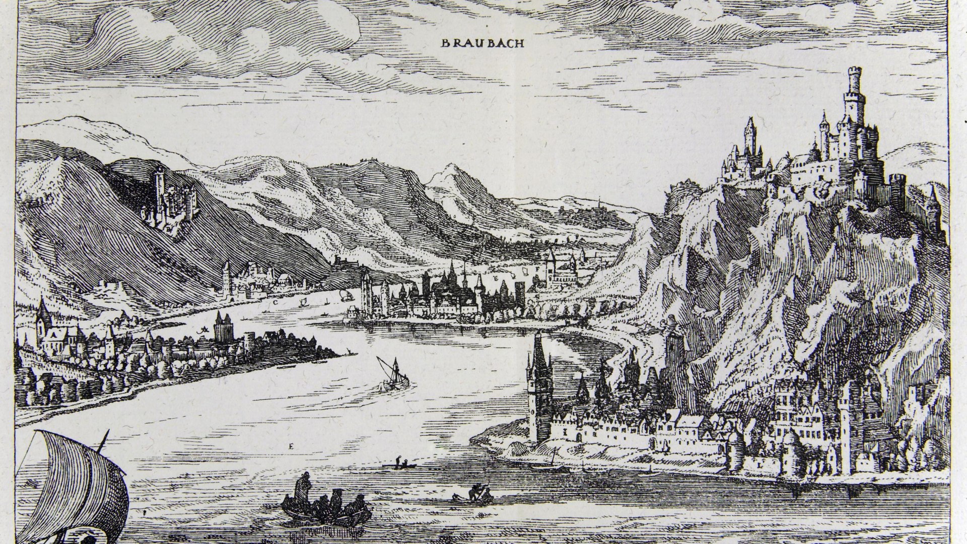 Bau- und Industiedenkmäler | © Wilhelm Scheffer, gen. Dilich, Der Rhein bei Braubach, Kupferstich 1605 Bau- und Industiedenkmäler | © Wilhelm Scheffer, gen. Dilich, Der Rhein bei Braubach, Kupferstich 1605